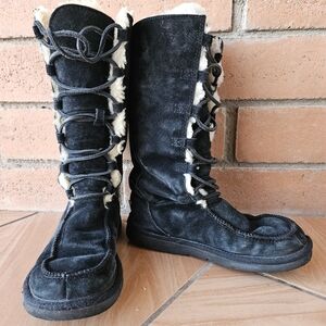 UGG Black Suede Tall Lace-Up Winter Boots with Cream Shearling